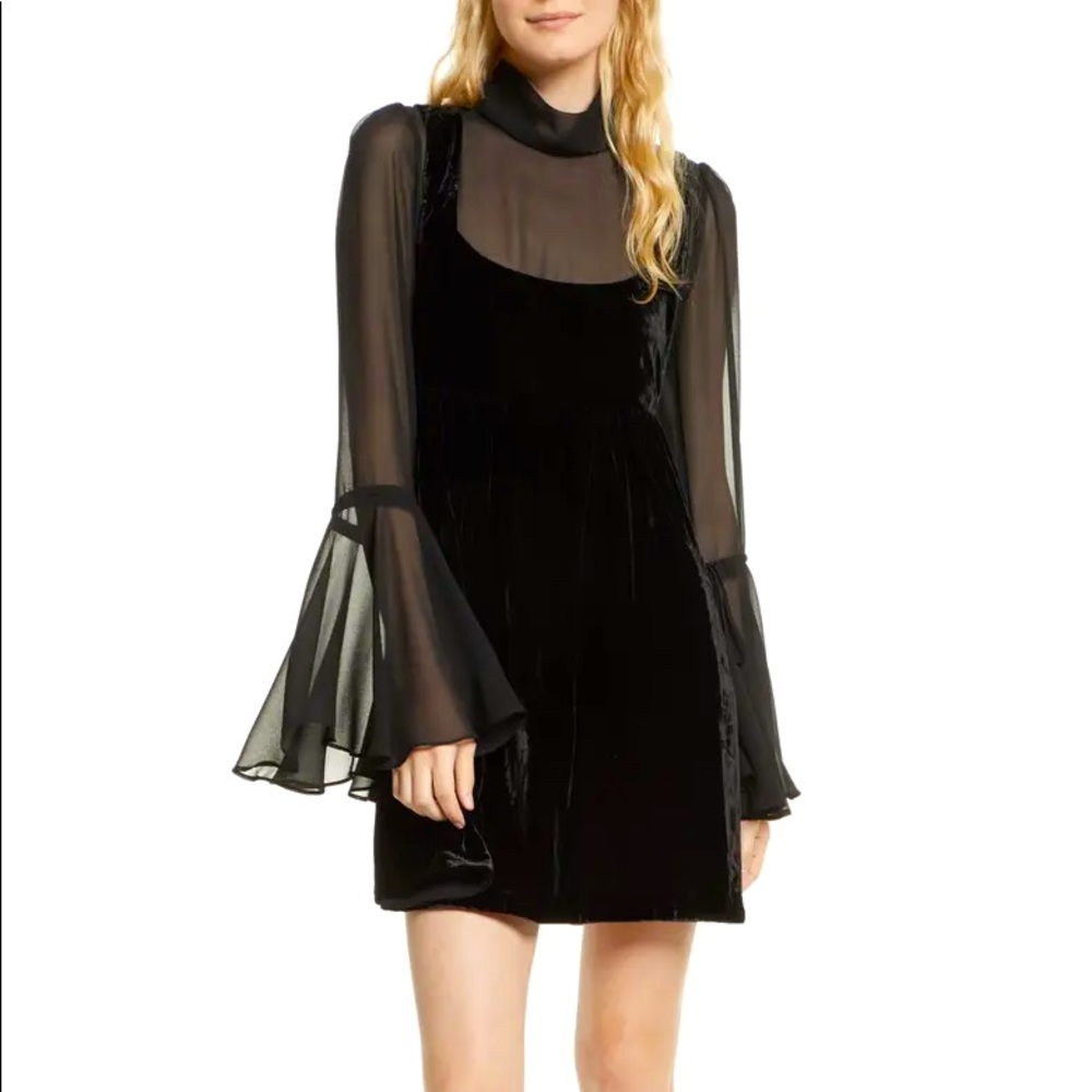 Free People Black Velvet Mini Dress with Sheer Bell Sleeves